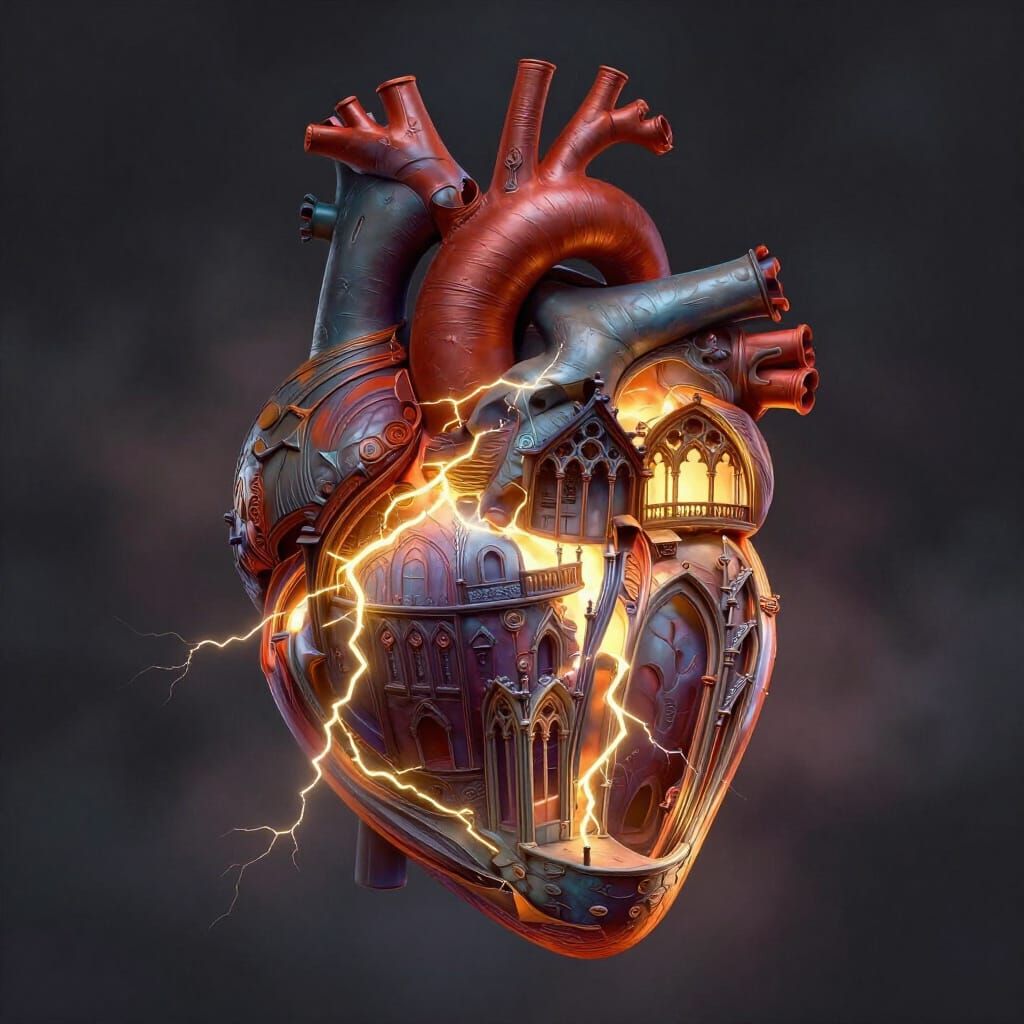 Gothic Architecture Heart with Lightning and Void