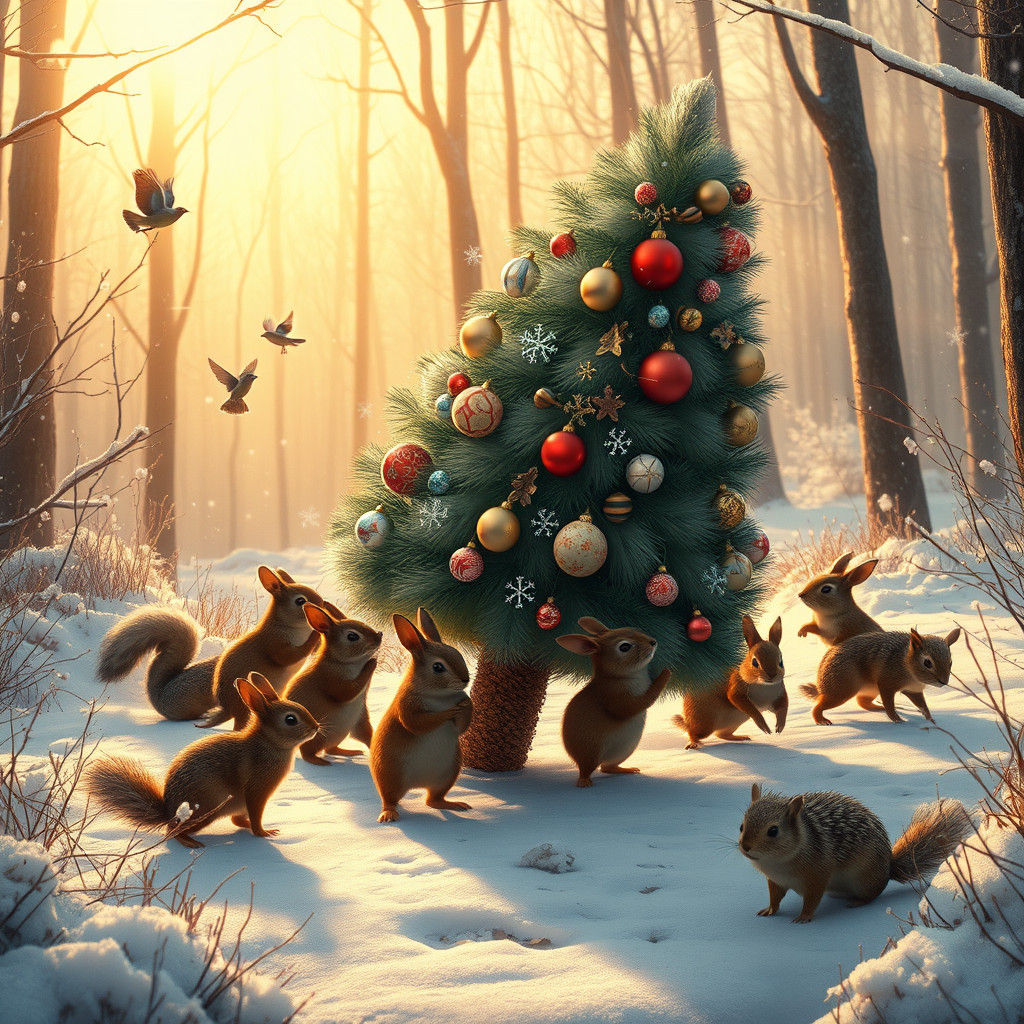 Festive Animals Transport Christmas Tree in Winter Forest