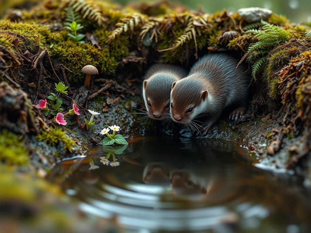 Hyperrealistic Baby Otters in a Mossy Forest Pond