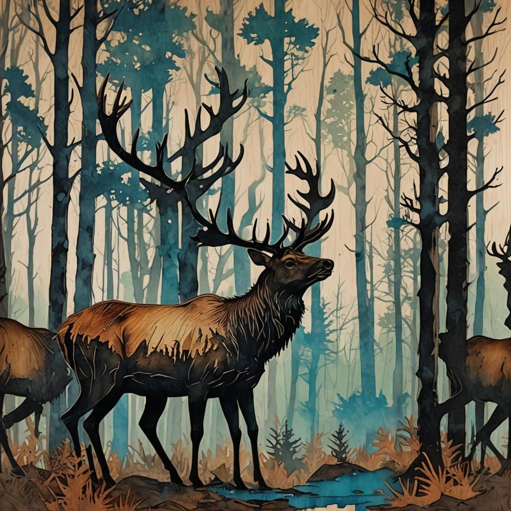 Mystical Elk Silhouette in Smoky Forest Art