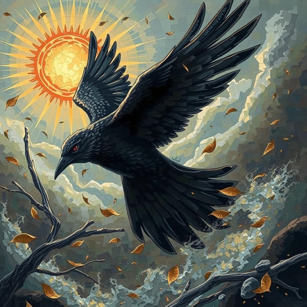Mosaic Blackbird: Death Symbol in Stormy Sky
