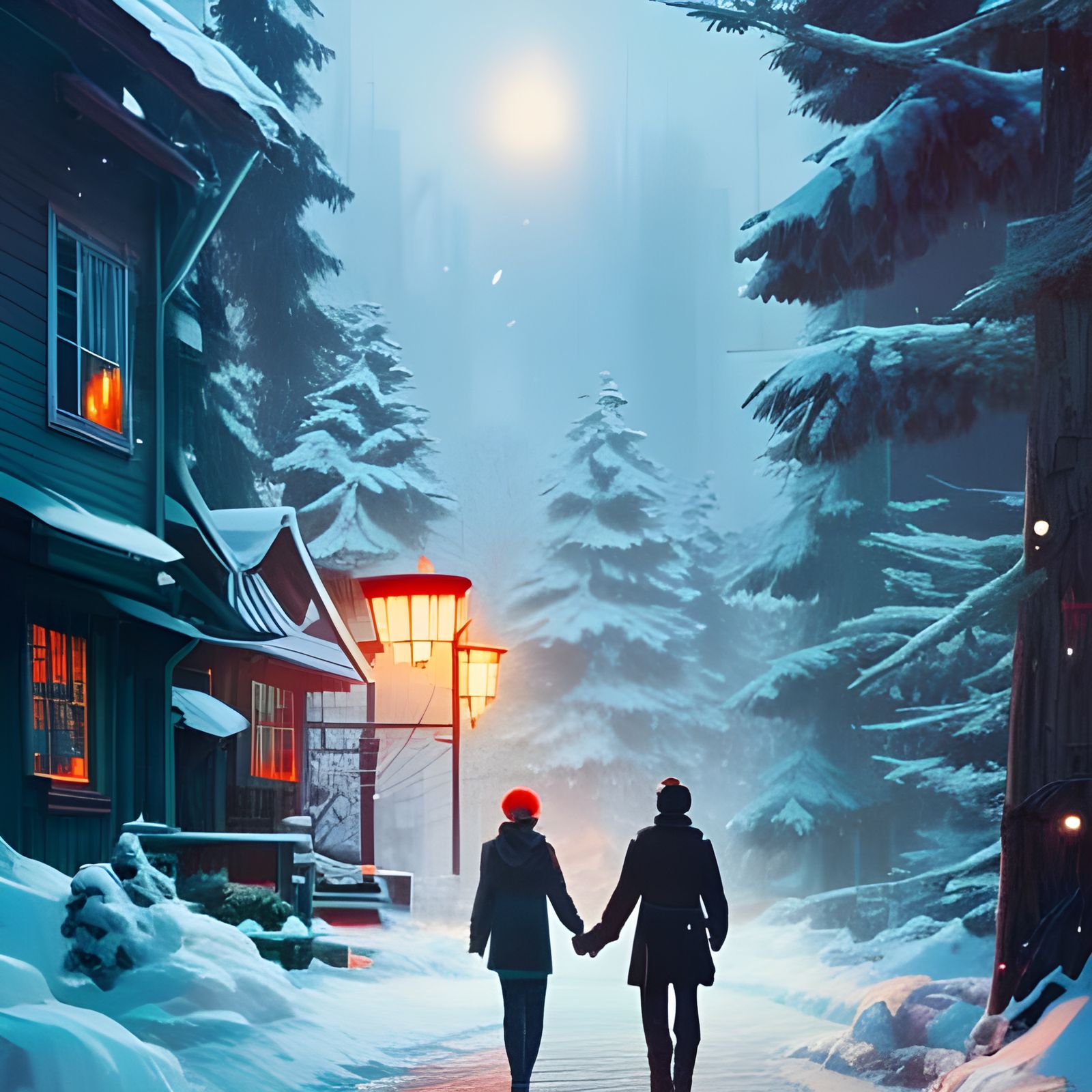 White Christmas Scene in Japanese Art Style