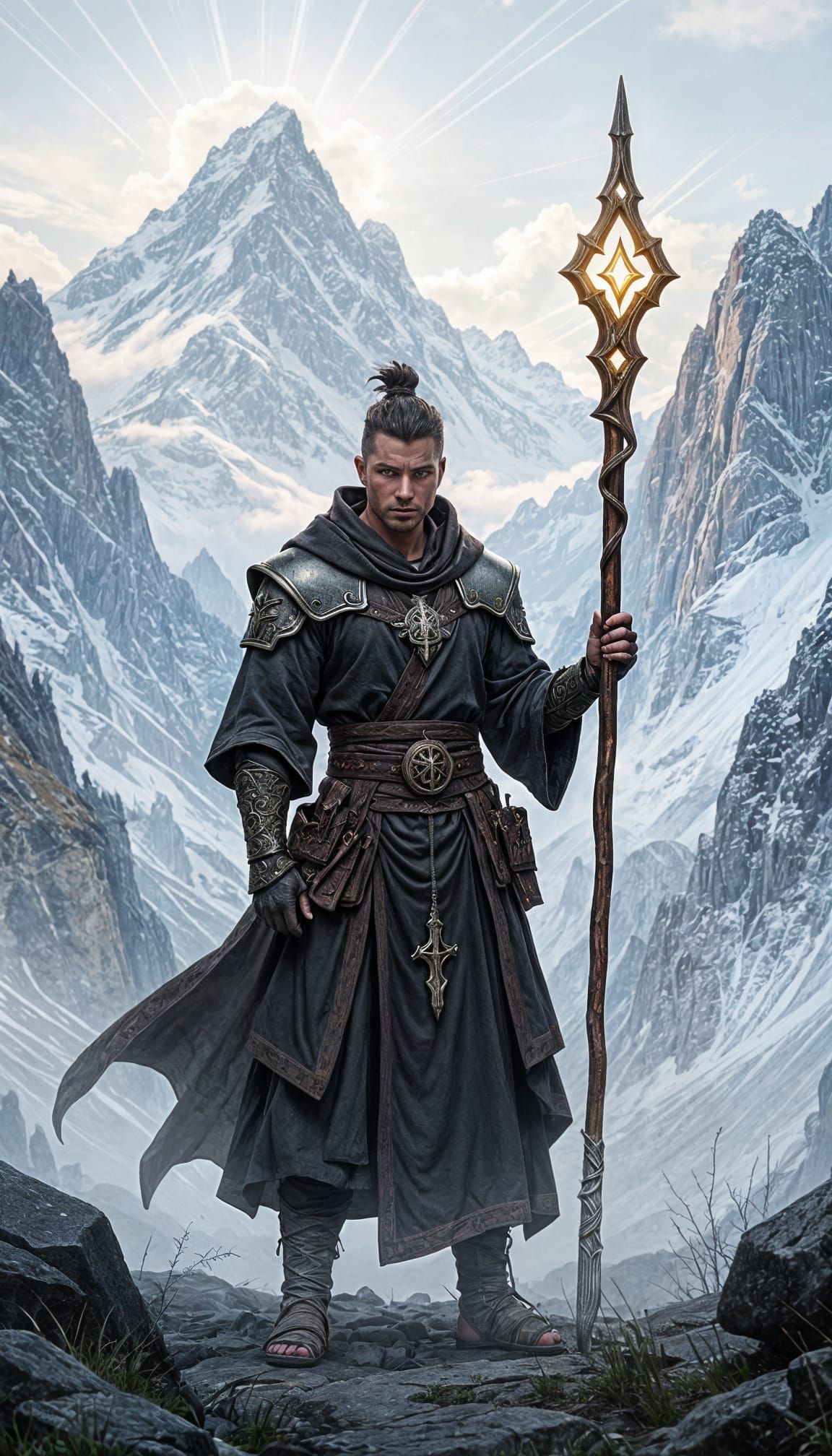 Fantasy Warrior Monk in Misty Mountain Landscape