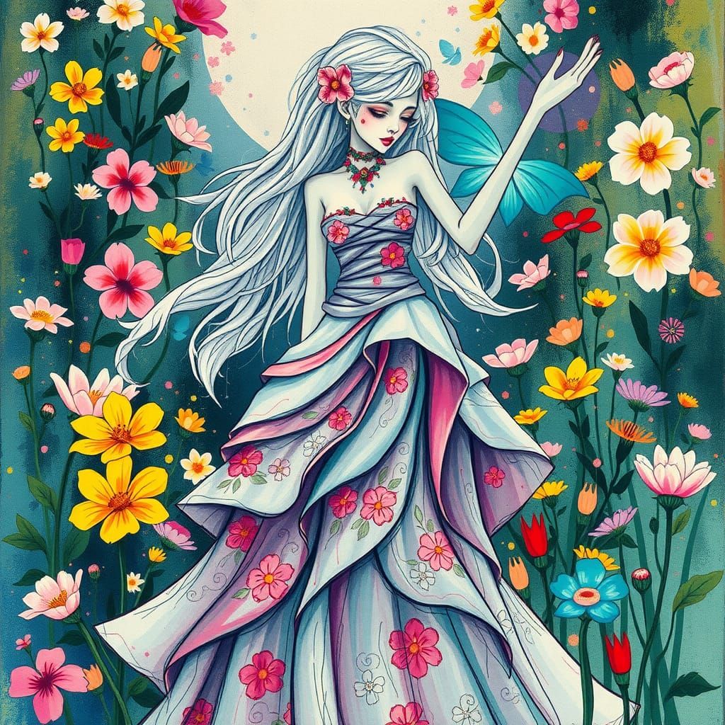 Ethereal Flower Woman in Blooming Landscape