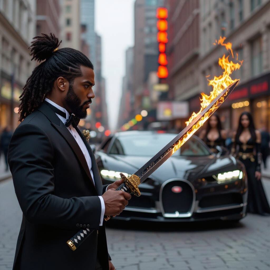 Man with Flaming Katana and Bugatti