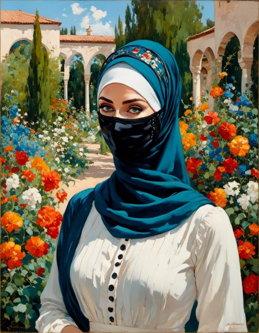 Mystic Garden: Hijabi Woman in Oil-Guache Painting