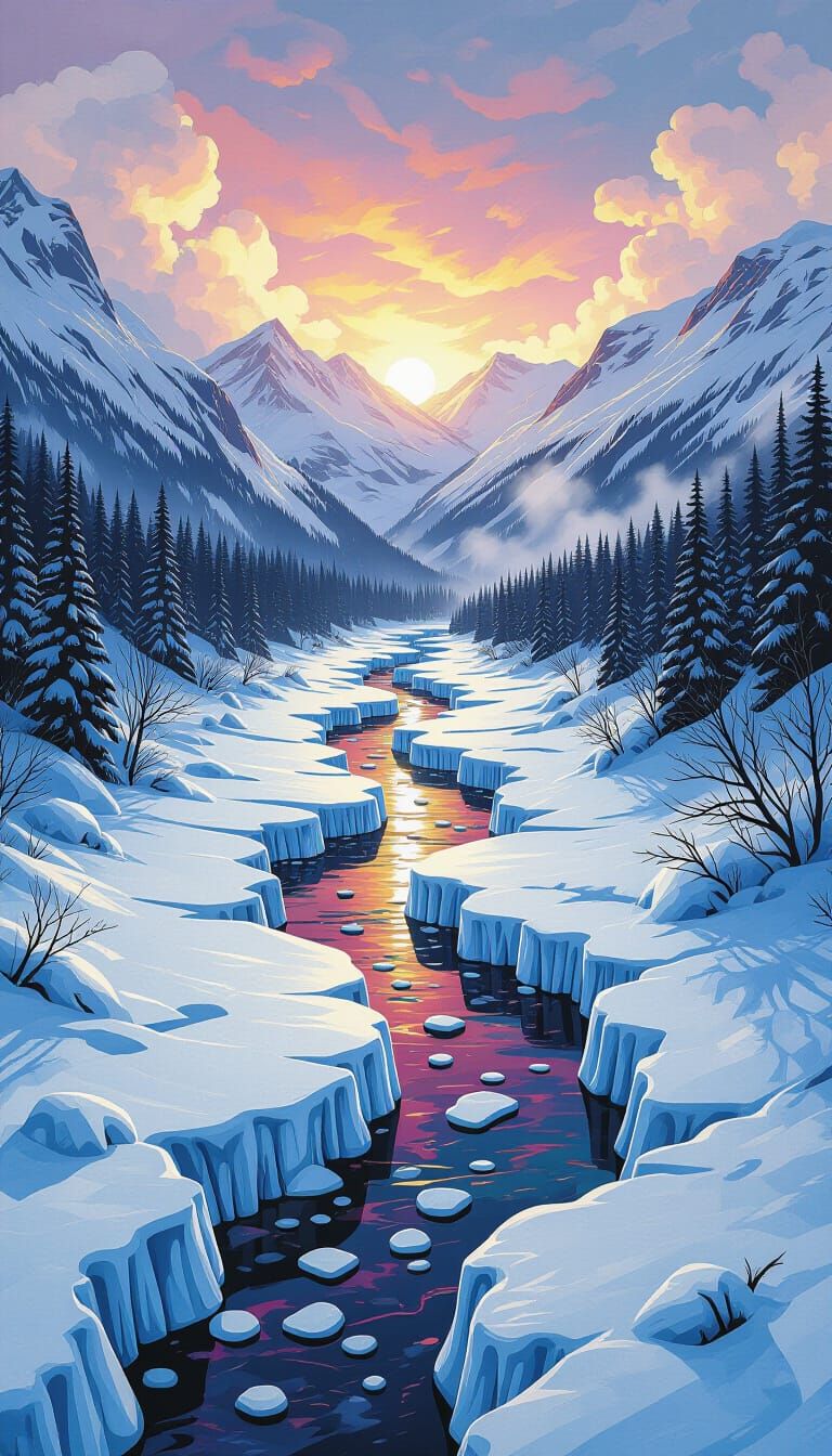 Snowy River Between Mountains in Stylized Winter Scene