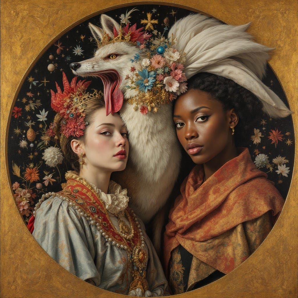 Surreal Rooster and Fox in Allegorical Portrait