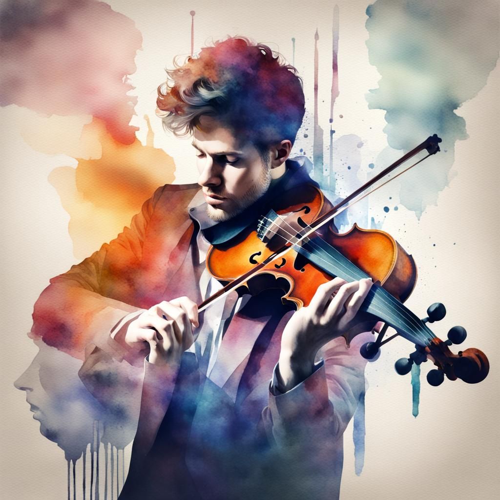 Edgy Watercolour: Man Playing Violin in Double Exposure
