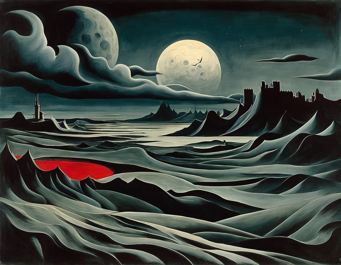 Epic Surreal Landscape under Crimson Moonlight