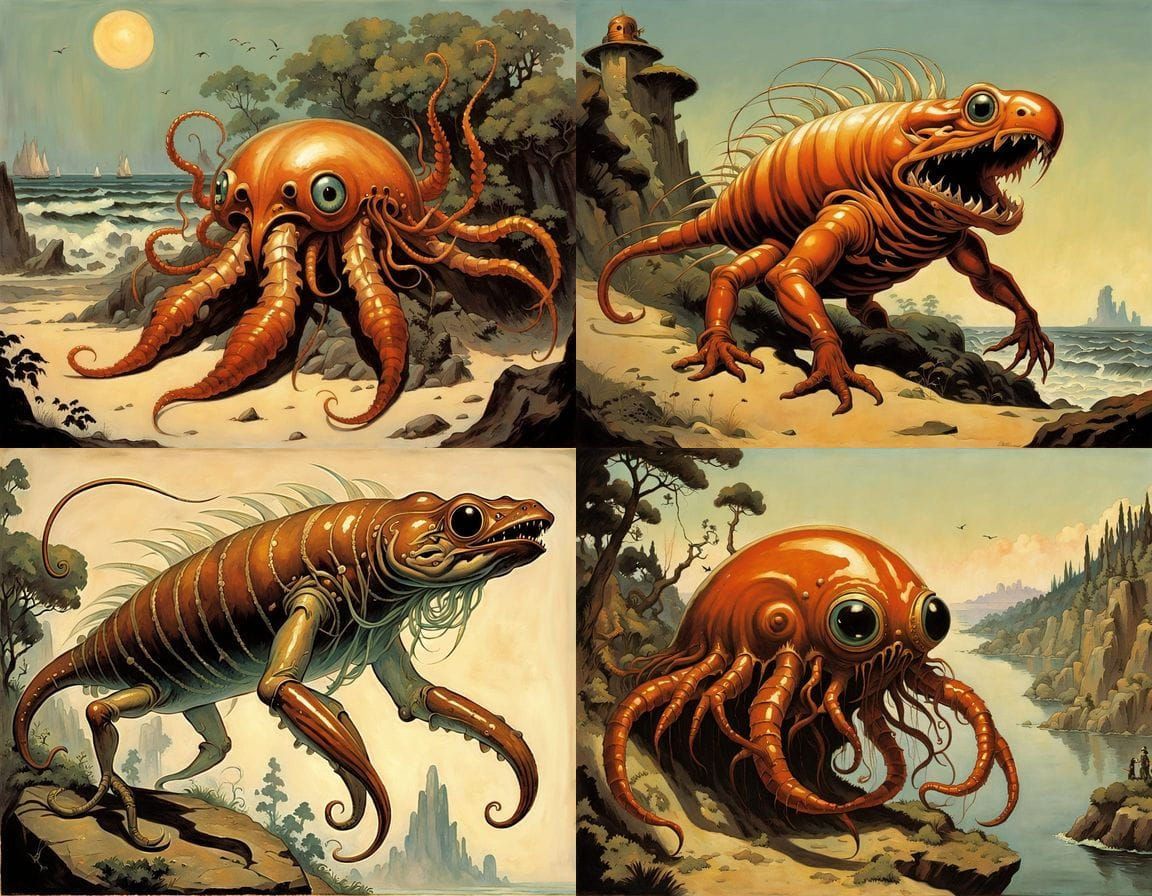 Surreal Oil Painting of Mythical Sea Creatures and Organs