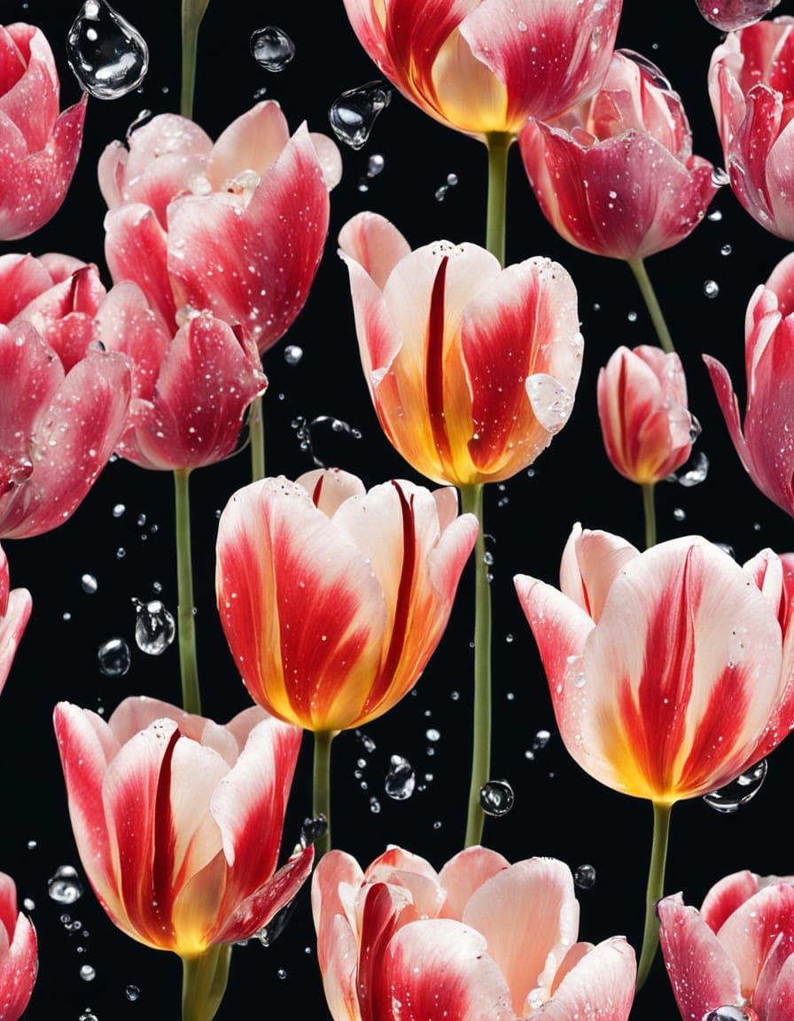 Tulips in Shimmering Water Droplets