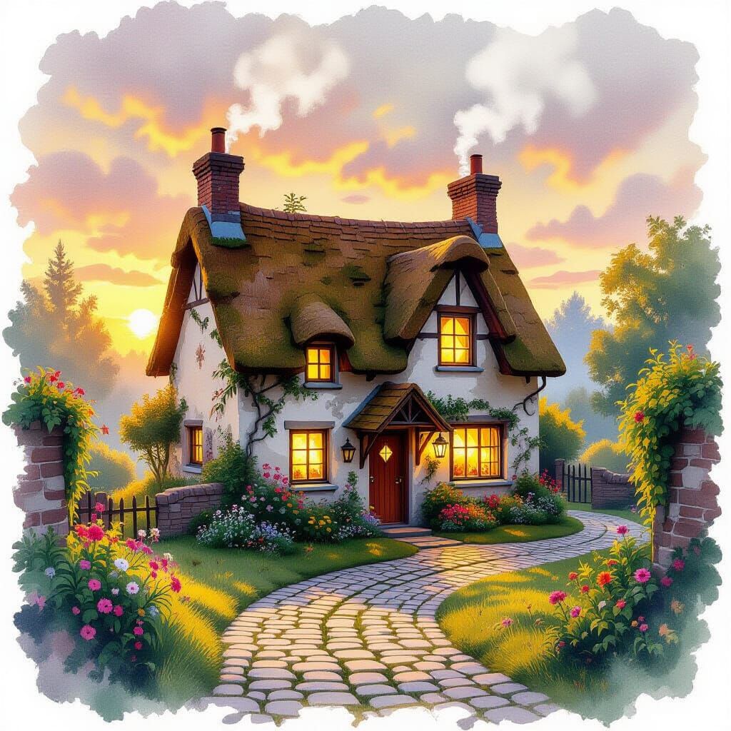 Quaint Cottage with Lush Gardens in Watercolor Style