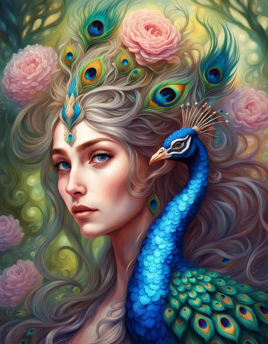 Fantasy Peacock Elf in Glowing Flower Forest