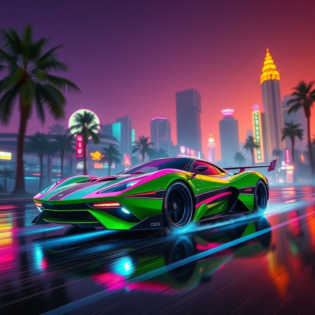 Neon Futuristic Sports Car Blazing Down a Rainy City Street