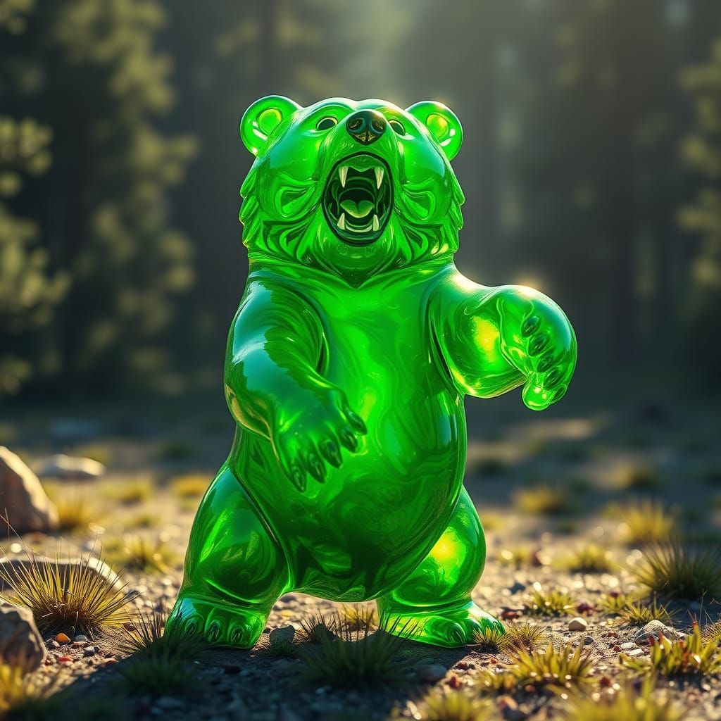 Vibrant Green Gummy Grizzly in Anime-Inspired Wilderness Sce...