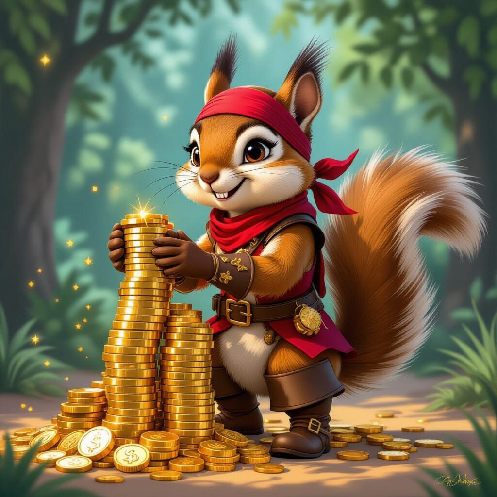 Pirate Squirrel Guarding Gold Coins in Animated Style