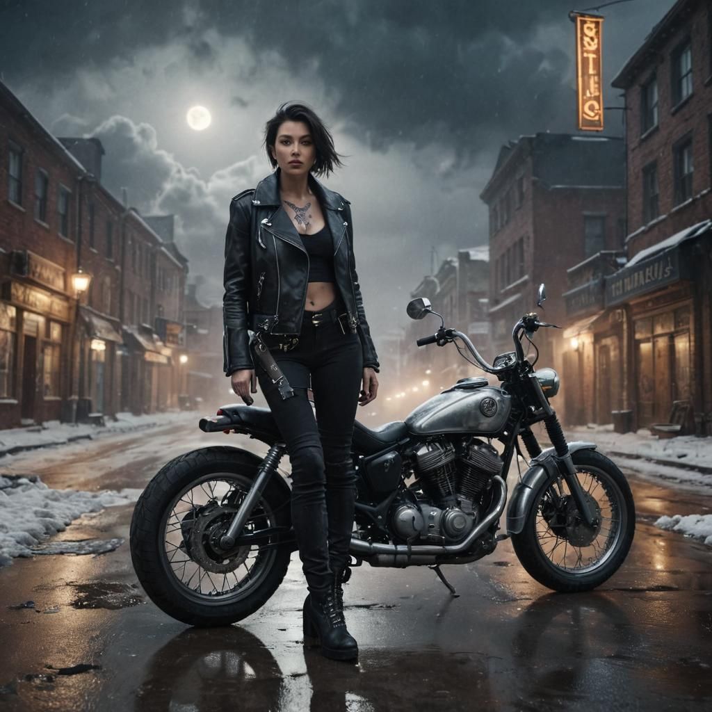 Snowy Street Scene with Motorcycle, Digital Matte Painting