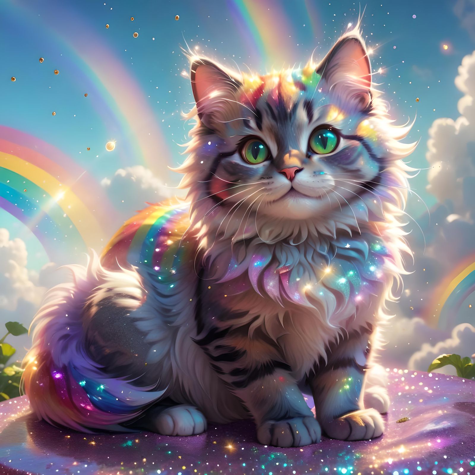 Sparkling Cat in Catnip Wonderland: Hyperreal Digital Art