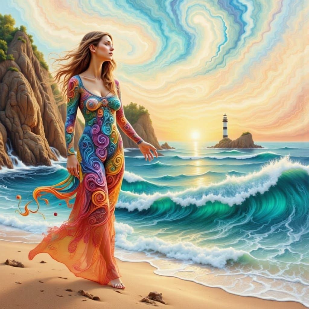 Swirling Seascape with Lighthouse and Woman