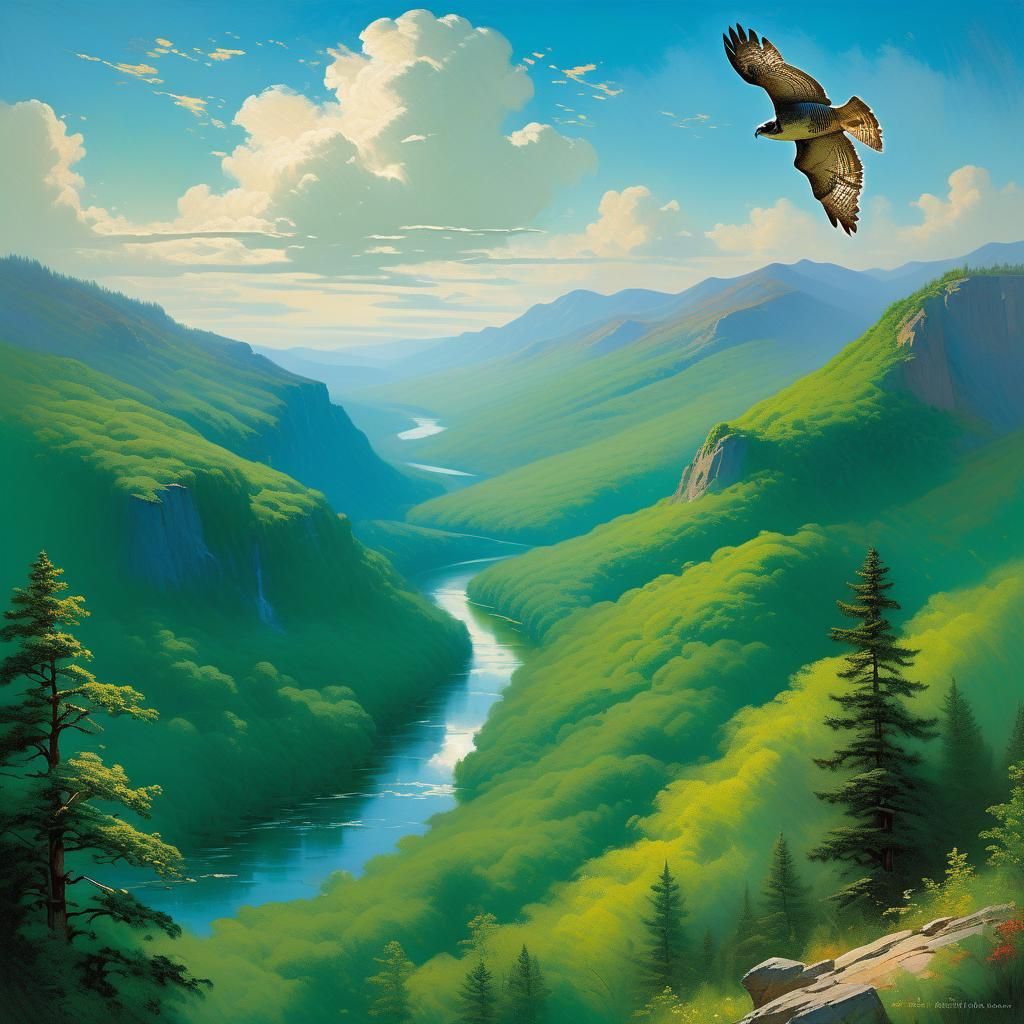 Falcon Soaring Over Green Valley in Hudson River Style