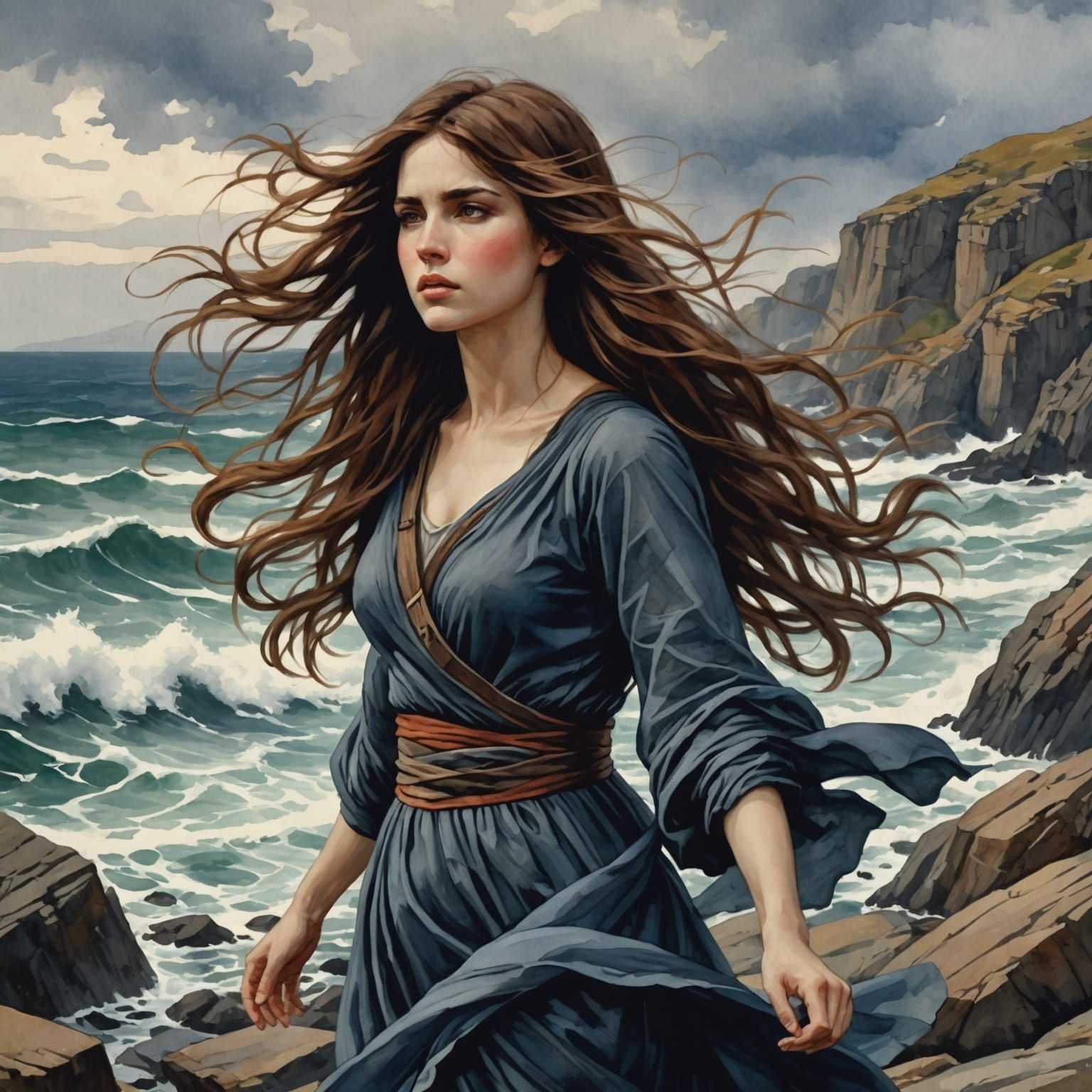 Windblown Woman on Rocky Shore, Watercolor Style