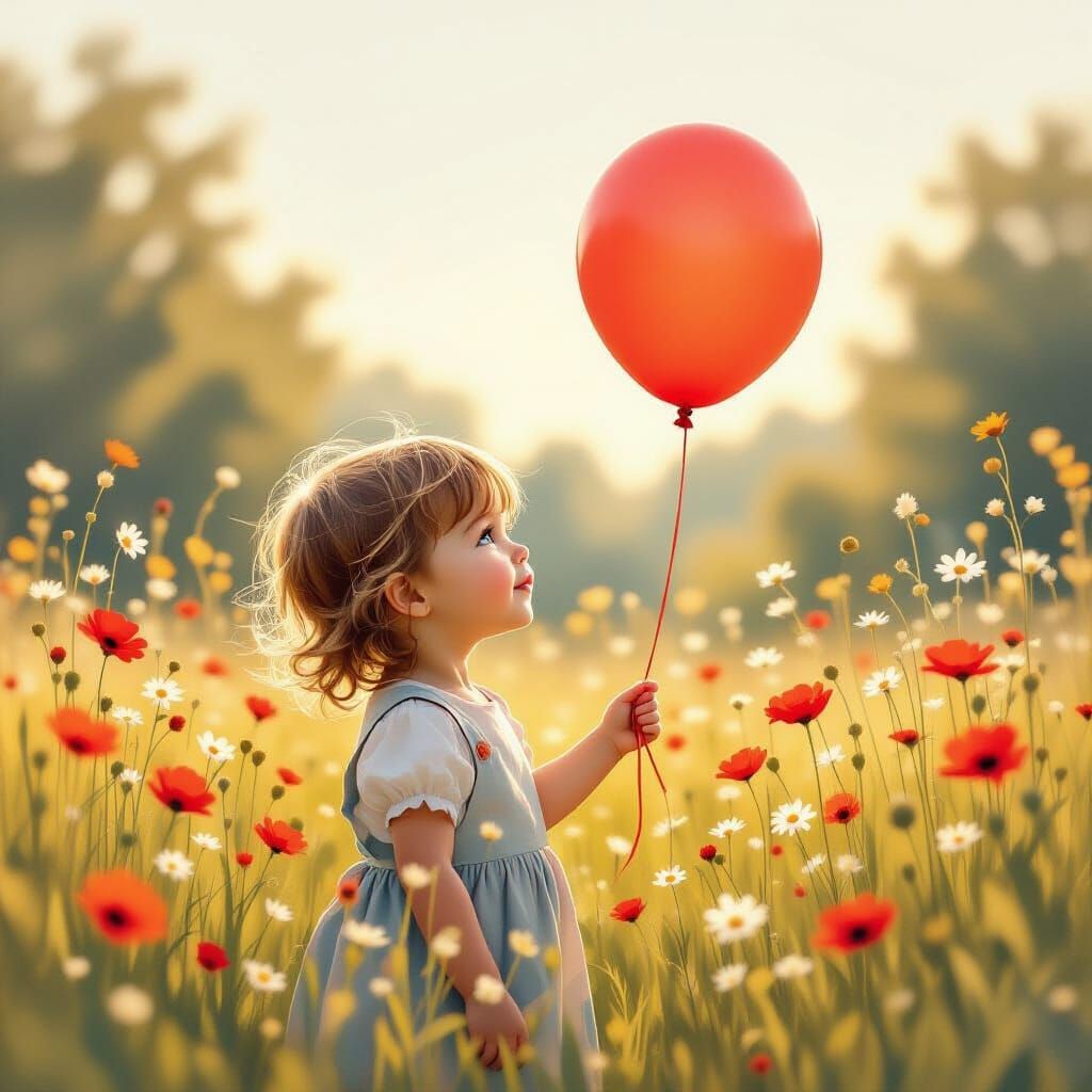 Child with Red Balloon in Wildflower Meadow