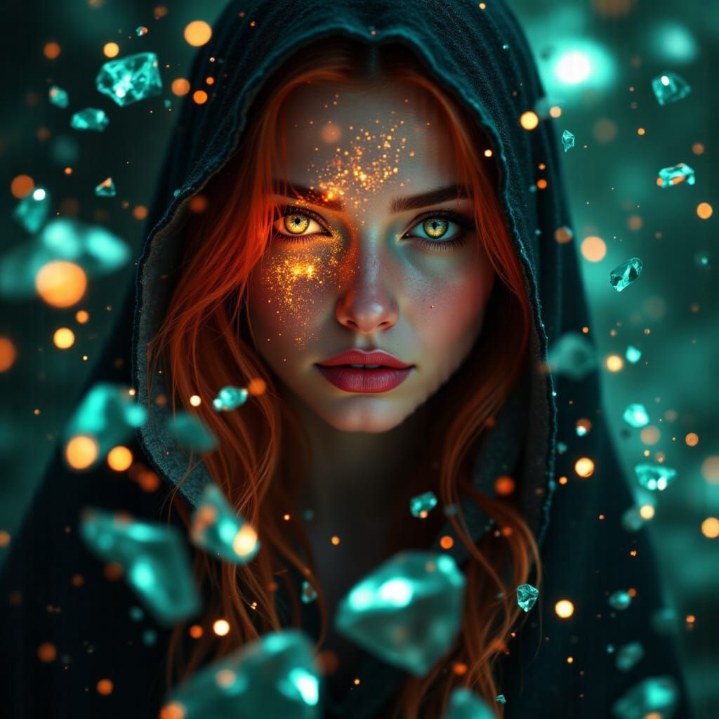 Red-Haired Woman with Floating Crystal Shards
