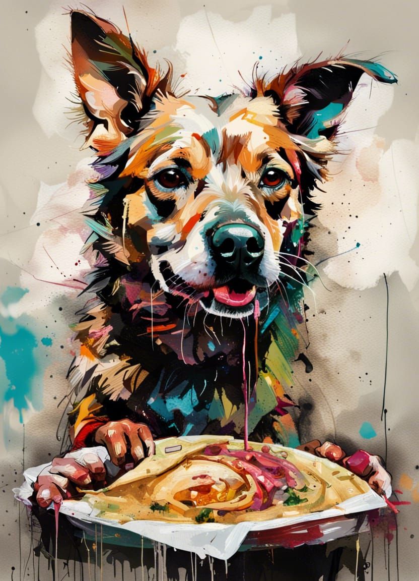 Dog Eating Burrito as Impasto Acrylic Painting