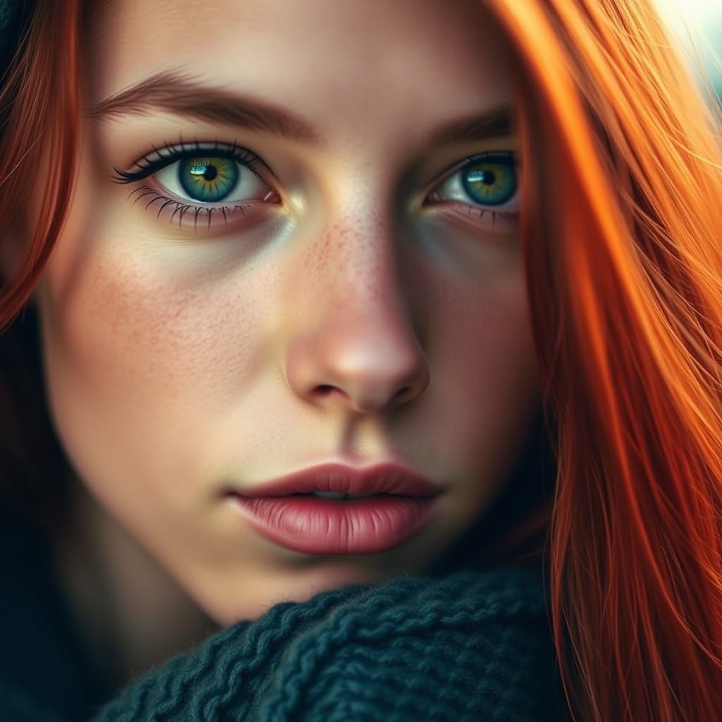 Young Woman with Piercing Green Eyes and Vibrant Red Hair