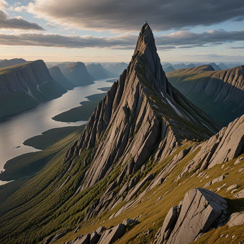 Distant, high definition photograph of The Spire of Segla, Senja, Norway