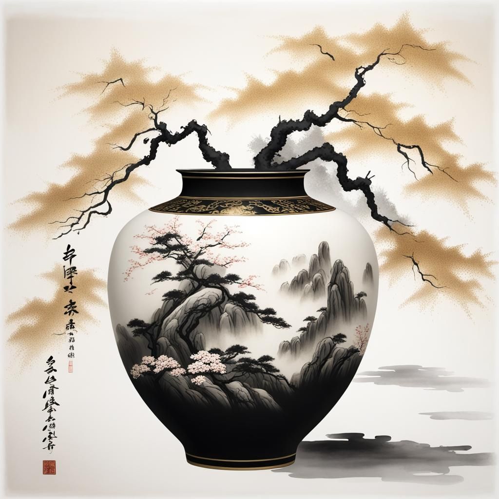 Sagiso in Vase, Chinese Ink Painting