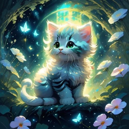 Cute Kitten with Pansies and Butterflies