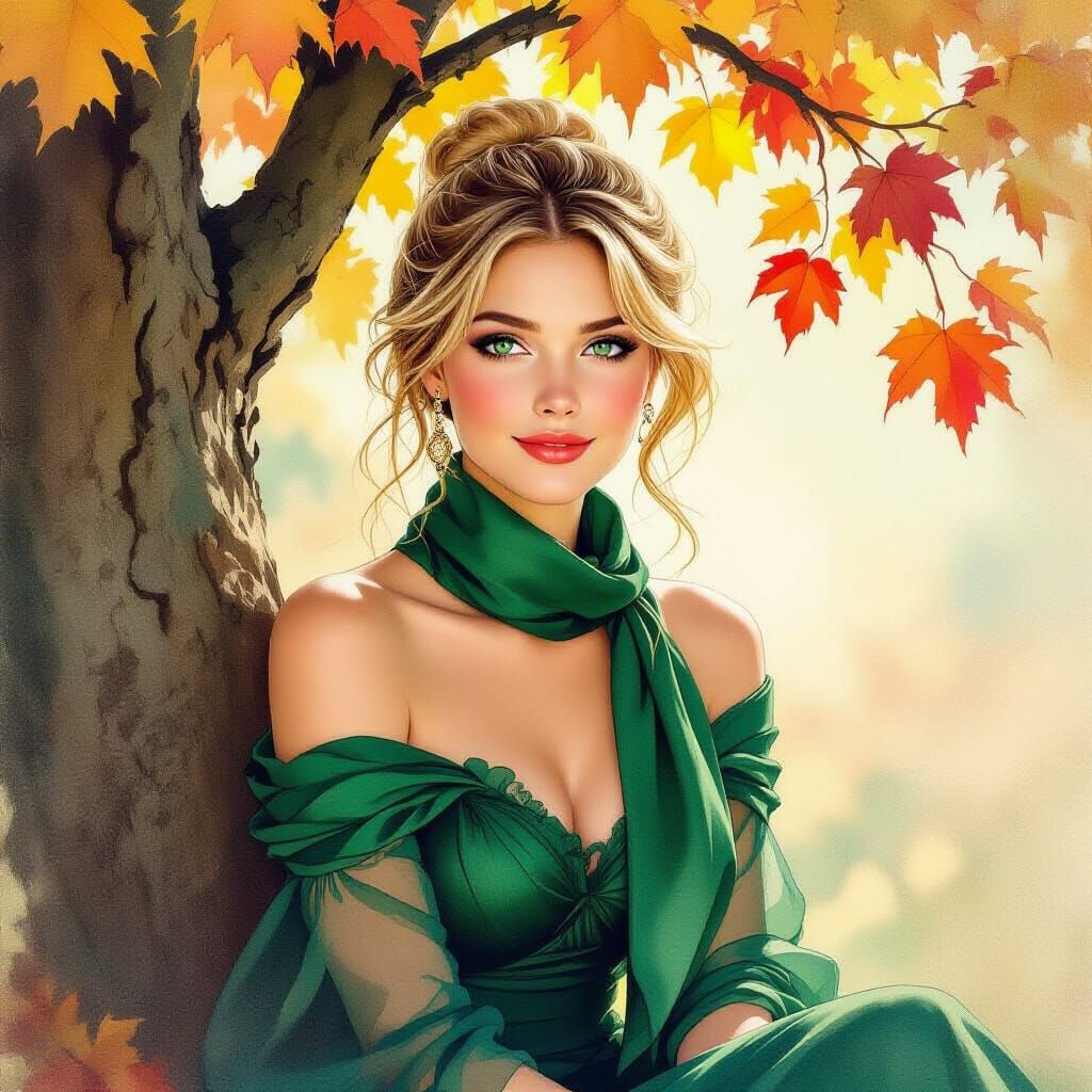 Woman in Autumn Dress by Tree in Golden Hour