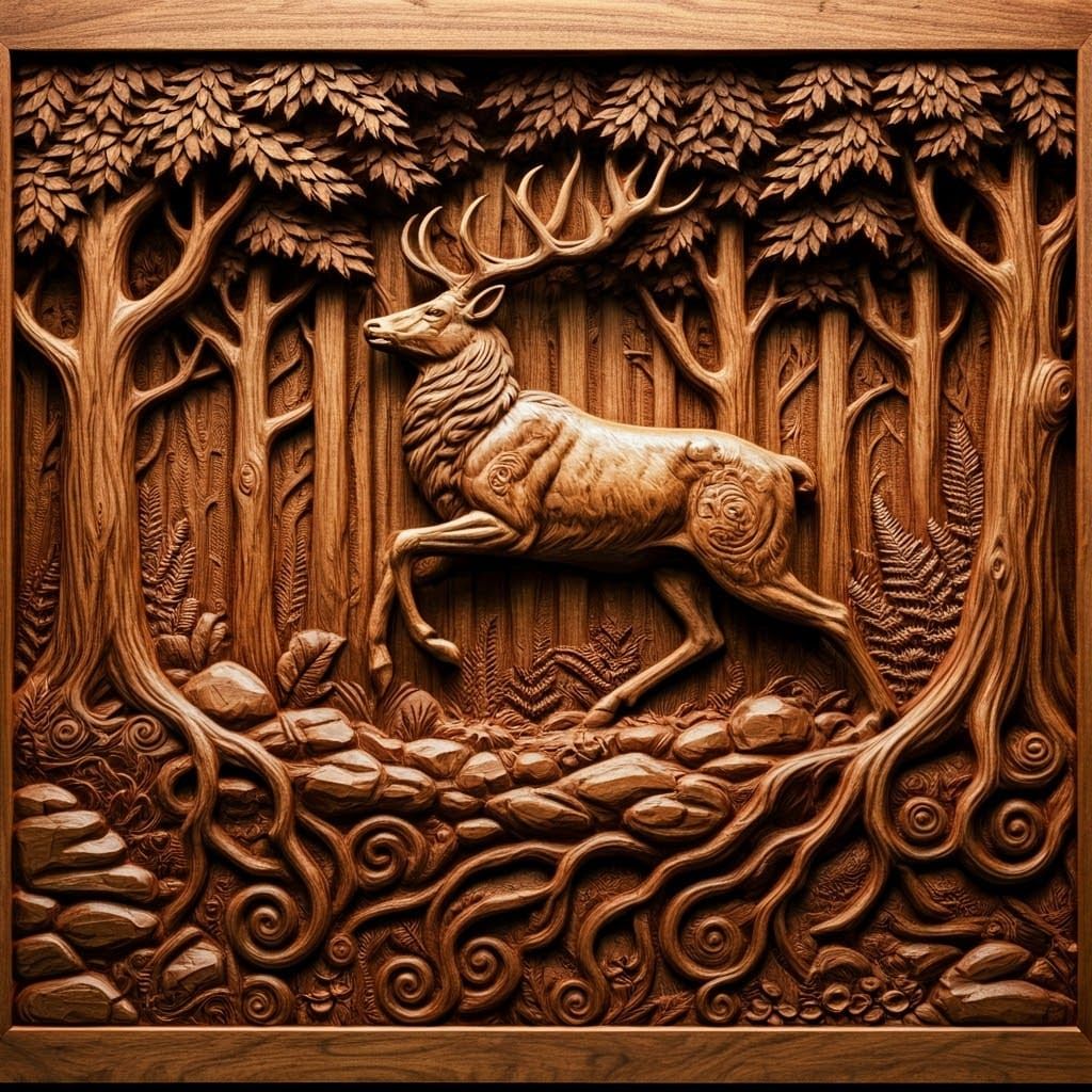 Intricate Wood Carving of a Majestic Stag