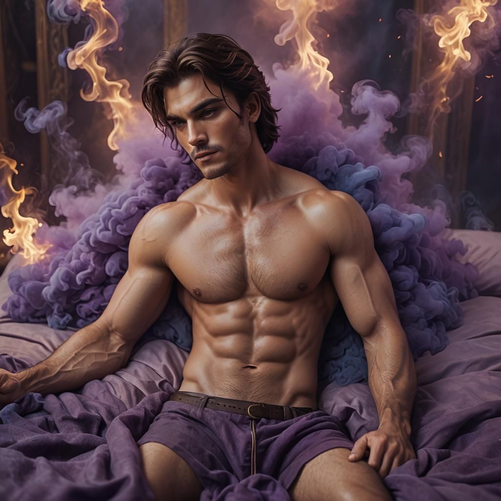 Ethereal Portrait: Brunette Male in Purple Smoke