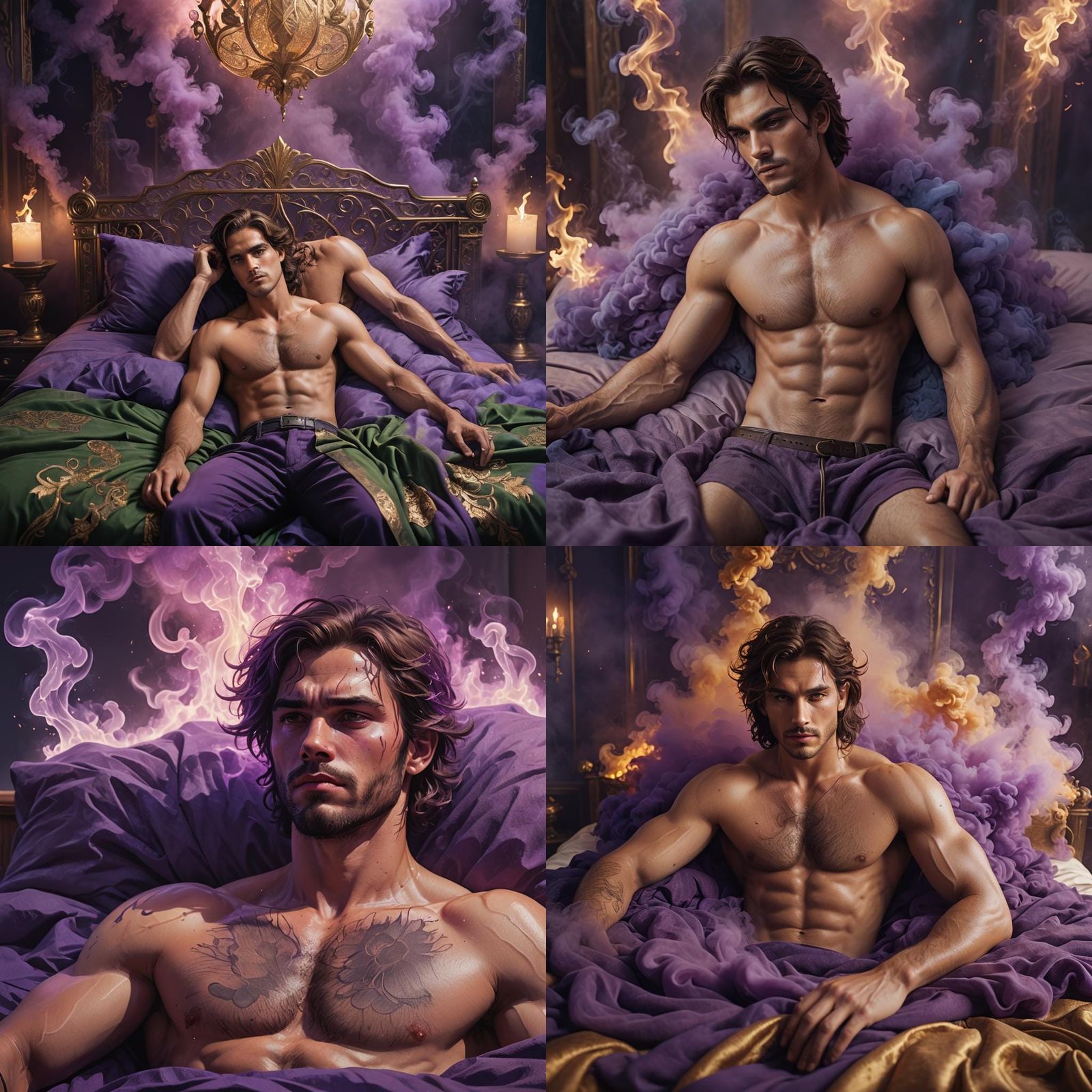 Shirtless Brunette Male Surrounded by Purple Smoke