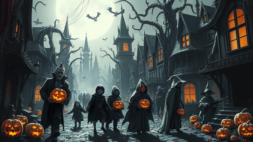 Creepy Halloween Monsters in a Biomechanical Haunted Town