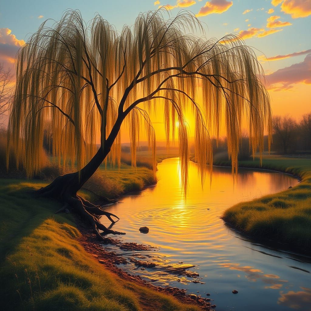 Serenely Reflecting Sunset in Tranquil Stream Landscape