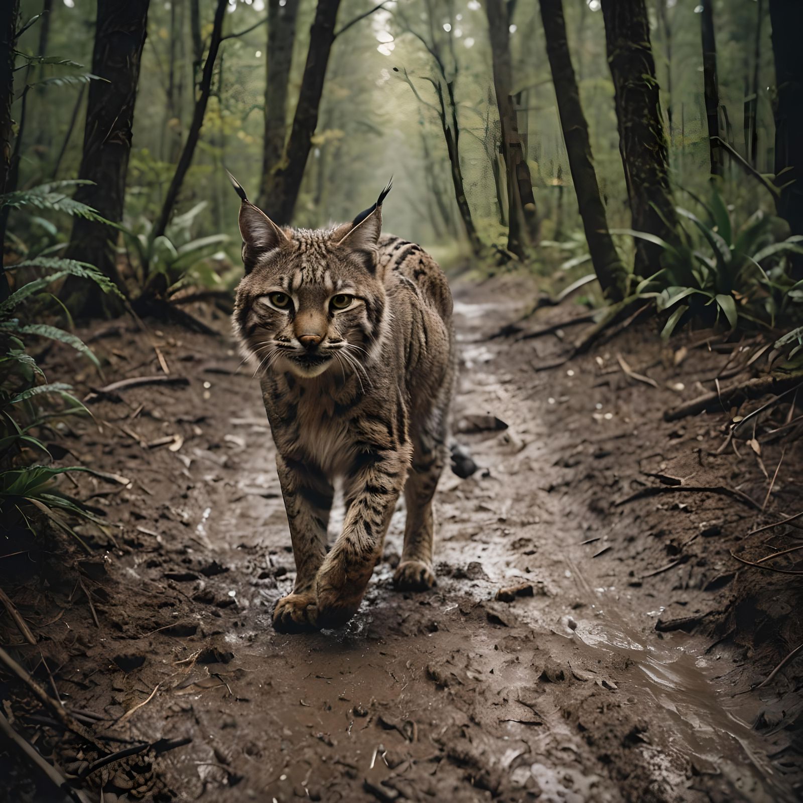 Aggressive Bobcat on Muddy Trail: Cinematic Film Still