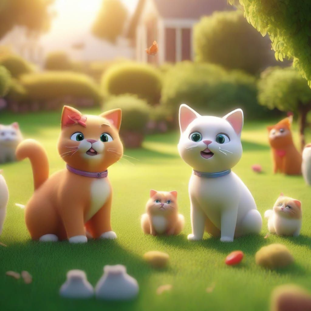 Cute Cats and Dogs Play in Sunlit Backyard