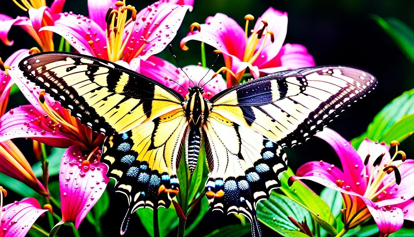 Eastern Tiger Swallowtail Butterfly settles on the Hot Pink Oriental Lily