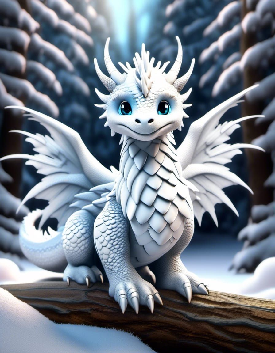 Adorable Fluffy Snow Dragon with Feathered Wings