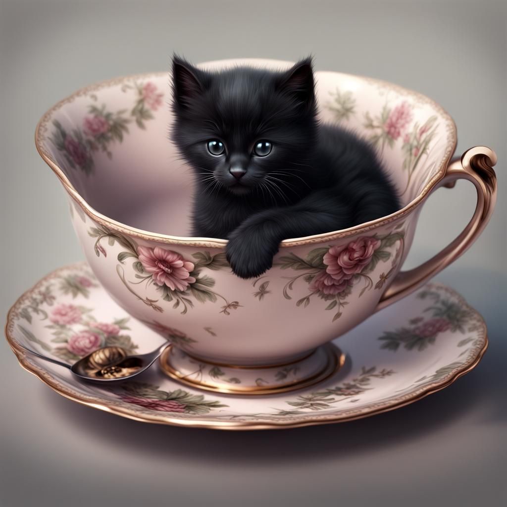 Black Kitten in Teacup: Realistic Digital Painting
