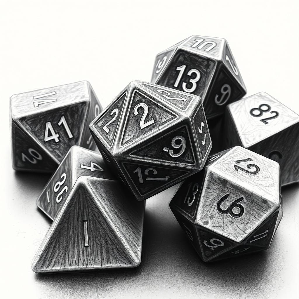 Intricate D20 Dice: Hyper-Realistic Charcoal Drawing