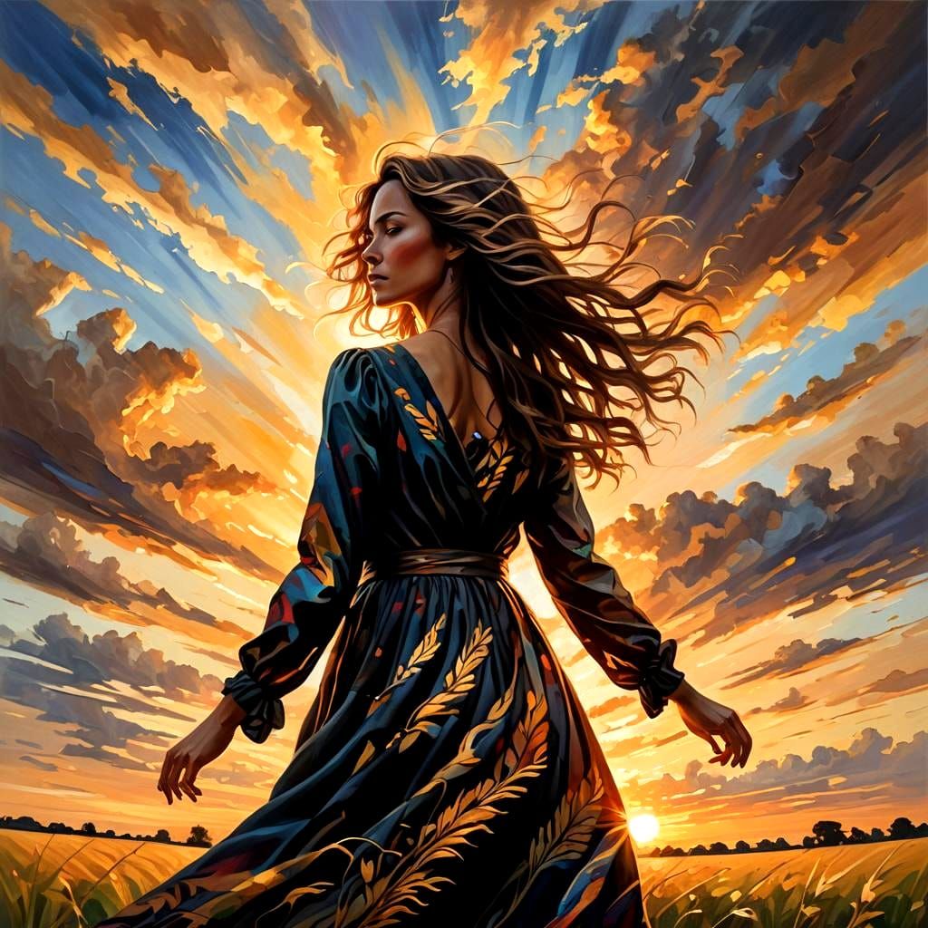 Silhouette of Woman in Windy Field at Sunset