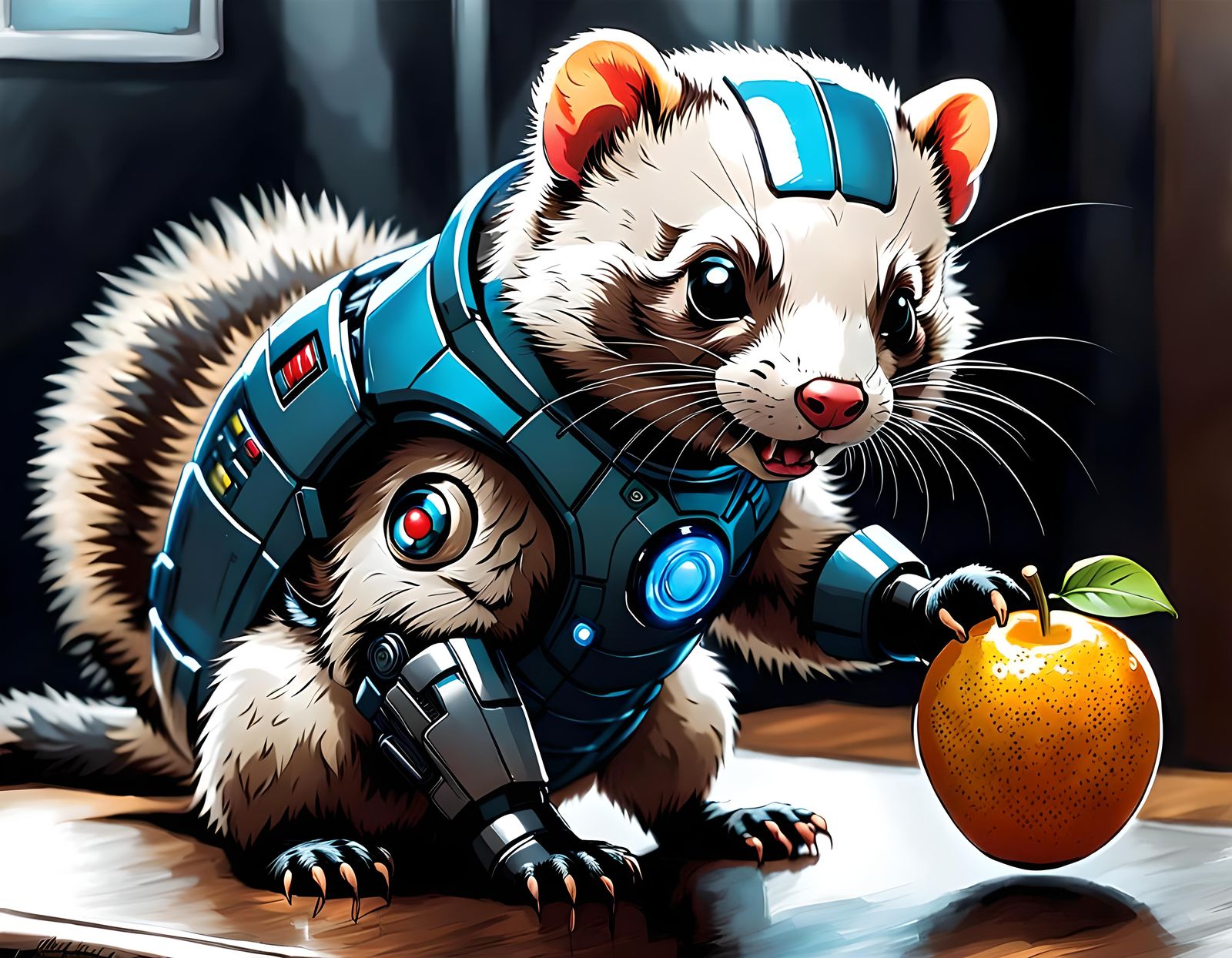 Awesome cyborg ferret playing cute fruit toy