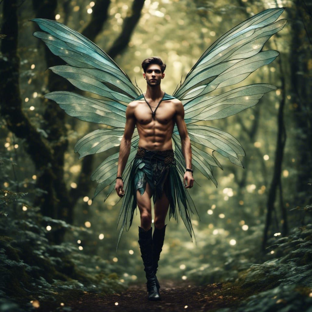 Male Fairy Flying in Enchanted Forest