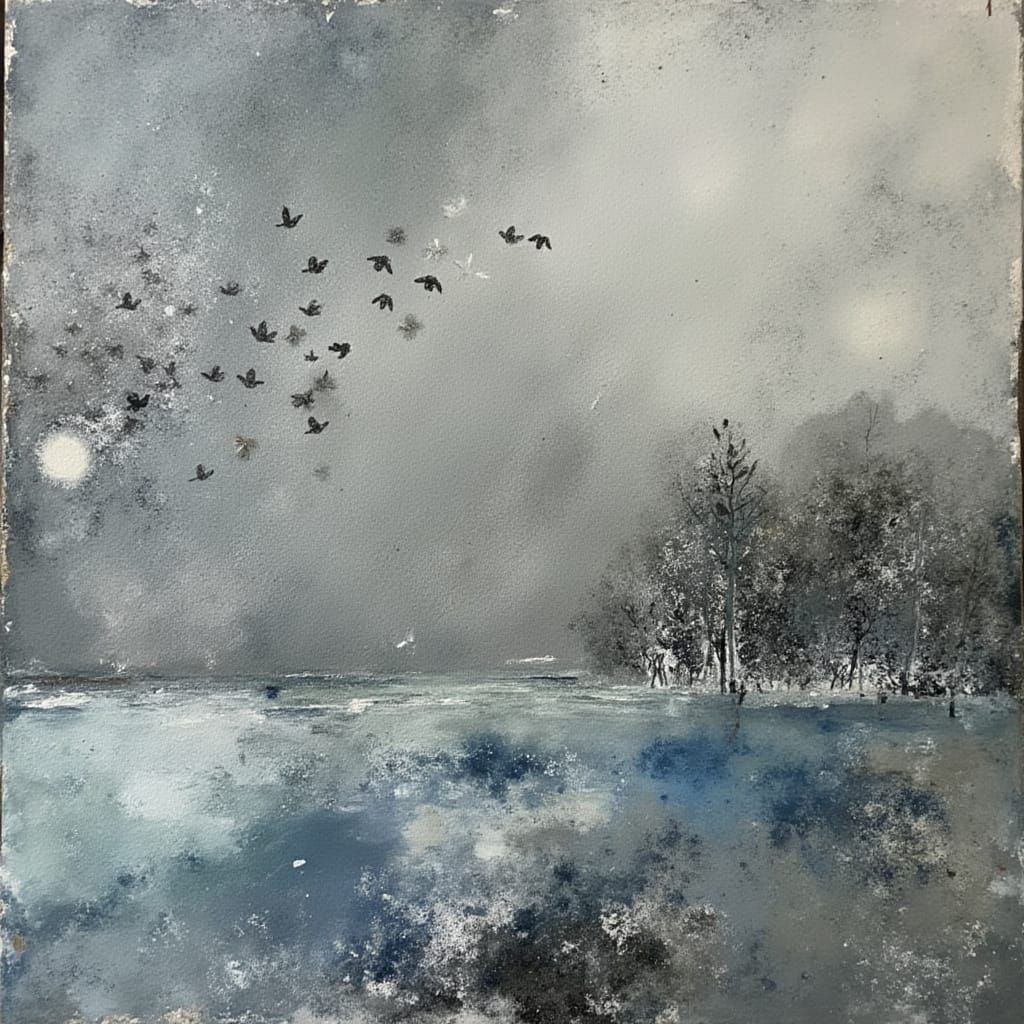 Surreal Abstract January Winter Collage with Birds