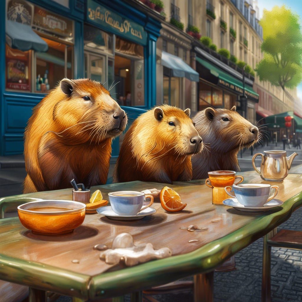Capybaras Sip Tea at Paris Cafe: Hyperrealistic Splash Art